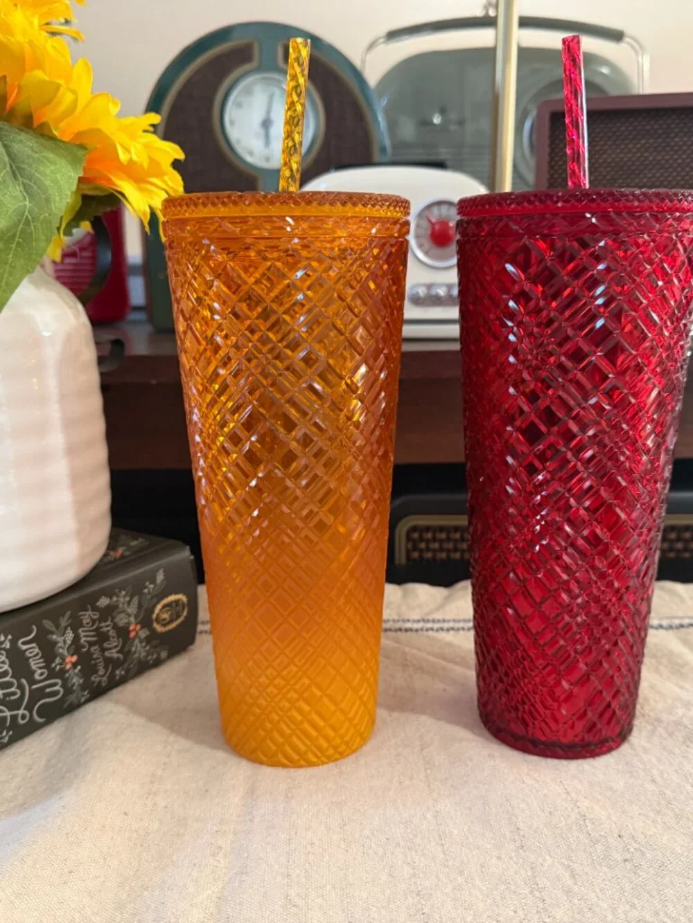 Starbucks Orange & Red Jeweled Cold Cups with Straws Set of 2